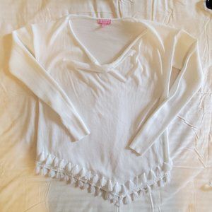 Lilly Pulitzer White Asymmetrical Hem Ferrera Fringe Trim Sweater Top Small
